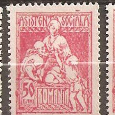 TIMBRE 84, ROMANIA, 1921, ASISTENTA SOCIALA, 50 BANI, CURIOZITATE, LINIE DE CULOARE COLT SUS-DREAPTA, ECV, RARITATE, RARITATI, EROARE, ERORI