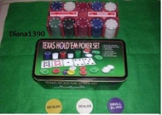 Set Poker in cutie Metalica complet PCS Texas Hold &amp;#039; Em 200 jetoane cu inscriptie euro doua pachete de carti foto