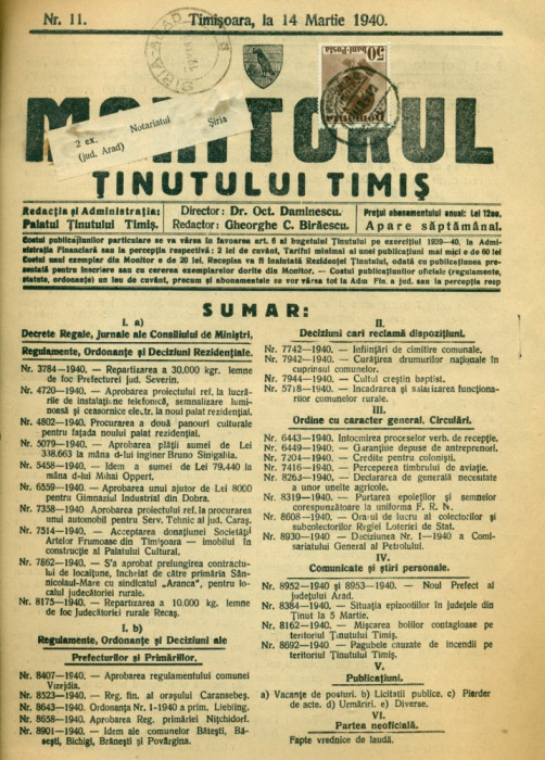 ROMANIA 1940. MONITORUL TINUTULUI TIMIS nr.11 francat 50 bani- CAROL