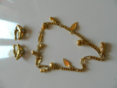 Set 2 bijuterii, gablonturi, cercei cu clips plus bratara cu accesorii, aurite foto