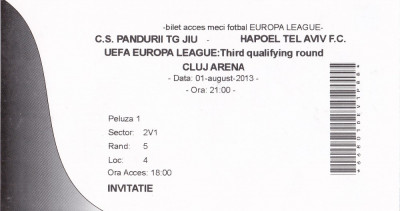 Bilet Meci ( Invitatie) Europa League C.S. Pandurii Tg. Jiu - Hapoel Tel Aviv F.C. 01 AUGUST 2013 foto