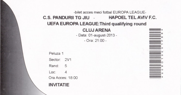 Bilet Meci ( Invitatie) Europa League C.S. Pandurii Tg. Jiu - Hapoel Tel Aviv F.C. 01 AUGUST 2013