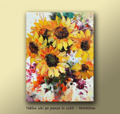Vaza cu floarea soarelui - tablou ulei pe panza in cutit 40x30cm - LIVRARE GRATUITA IN 24-48h foto