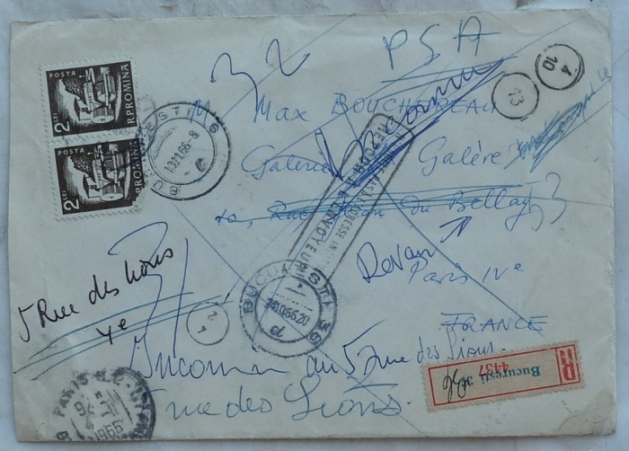 Scrisoare Romulus Vulpescu, in franceza, circulata la Paris si retur, 1966
