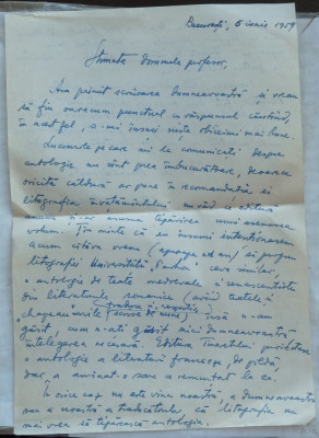 Scrisoare olografa a scriitorului Romulus Vulpescu , datata 6 iunie 1959 foto