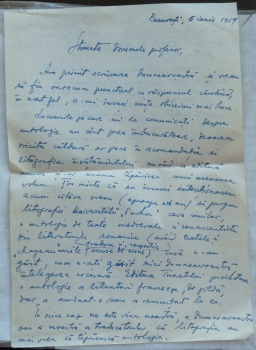 Scrisoare olografa a scriitorului Romulus Vulpescu, datata 6 iunie 1959
