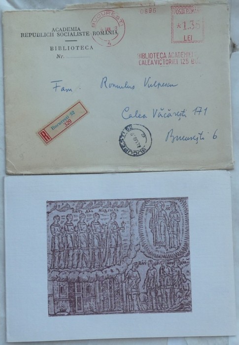 Felicitare de Anul Nou scrisa de Dan Smantanescu catre Romulus Vulpescu, 1968, pe plicul Bibliotecii Academiei Rom&acirc;ne