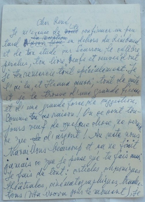 Scrisoare olografa a scriitorului Romulus Vulpescu, in limba franceza, 1