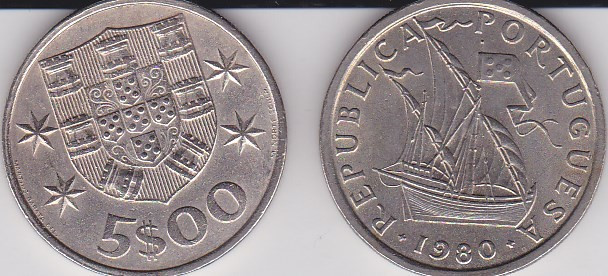 Portugalia 5 escudos 1980