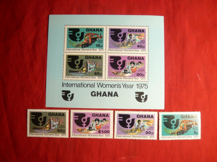 Serie 4 val. + Colita -Anul International al Femeii 1975 Ghana