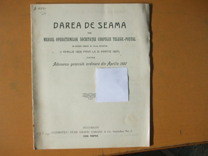 Darea de seama a societatei corpului telegrafic postal Bucuresti 1907