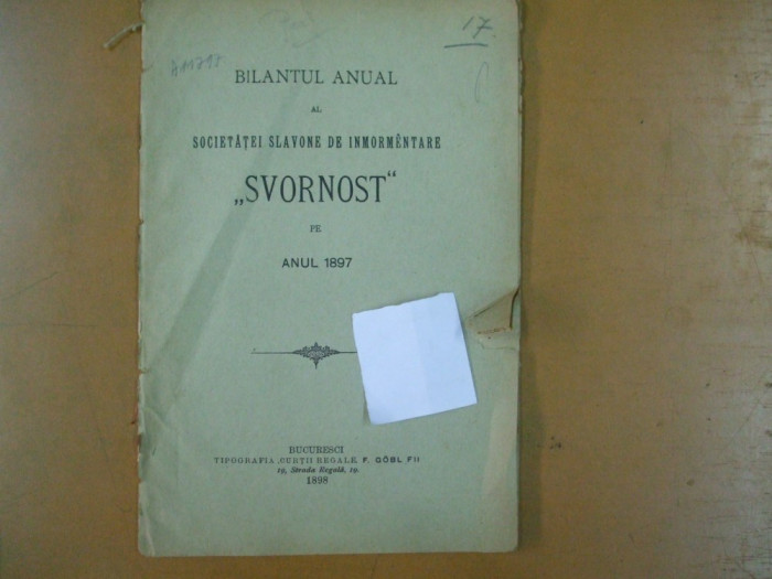 Bilantul anual al societatii slavone de inmormantare Svornost 1897 Buc. 1898