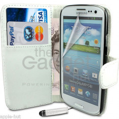 Husa alba cu carcasa incorporabila Samsung Galaxy S3 i9300 flip cover tip portofel carte de vizita bonus cadou pen + folie ecran + laveta foto