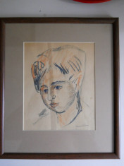 Nuni Dona - Portretul unei tinere, desen tus acuarelat, semnat foto