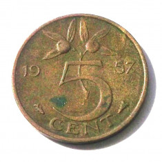 G2. OLANDA 5 CENTS CENTI 1957, 3.5 g., Bronze, 21 mm, Juliana **