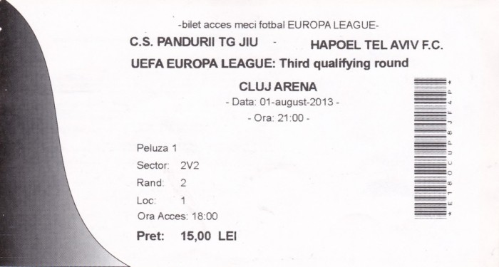 Bilet Meci Europa League C.S. Pandurii Tg. Jiu - Hapoel Tel Aviv F.C. 01 AUGUST 2013