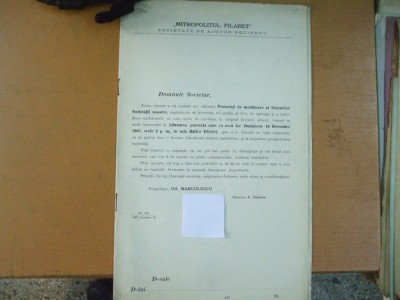 Societate de ajutor recipr. Mitropolitul Filaret Modificarea statutului Buc 1907 foto
