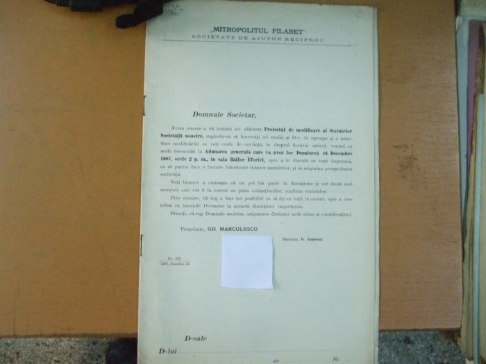 Societate de ajutor recipr. Mitropolitul Filaret Modificarea statutului Buc 1907