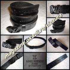 CUREA CENTURA BARBATEASCA SPORT CASUAL ELEGANTA FIRMA LOUIS VUITTON MONOGRAM PIELE ECOLOGICA NEAGRA MATA IMPRIMEU CLASIC CATARAMA PAFTA METALICA foto