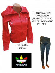 TRENINGURI ADIDAS ,MATERIAL SYLON ,MODEL DEOSEBIT ,BLUZA CU GULER MARE CAZUT PE UMERI SI PANTALONI CONICI.LIVRARE GRATUITA ,4 culori disponibile foto