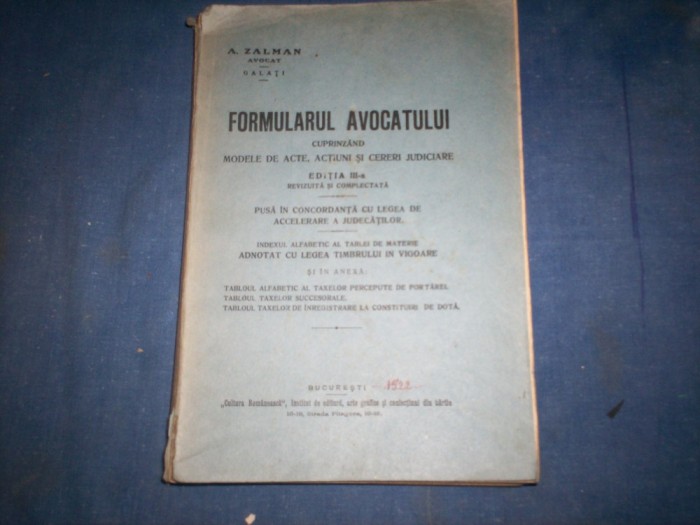 FORMULARUL AVOCATULUI CUPRINZAND MODELE DE ACTIUNI ... A ZALMAN 1922