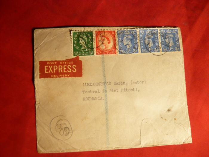 Plic circ.Expres ,circ.mixta Elisabeta IIa si George VI ,Anglia-Pitesti 1953