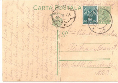 CPI (B3562) CARTE POSTALA. CIRCULATA, 1934, BORSEC - PIATRA NEAMT, STAMPILE, TIMBRE : IMPRIMAT CAROL II SI LIPIT TIMBRUL AVIATIEI foto