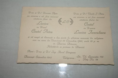 Invitatie nunta veche - 1943 - Lucica Ianculescu - Costel Petcu foto