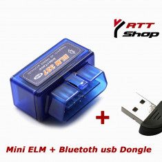 Promo! Mini ELM327 OBD2 Blue Interfata diagnoza. Cip PIC18F2080 Microchip. Compatibila Android Torque + USB Bluetooth Dongle foto