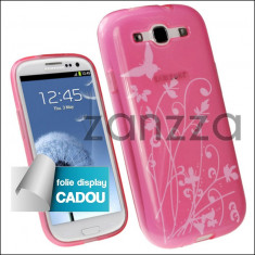 Husa Silicon Samsung Galaxy S3 FLUTURI roz i9300 Folie protectie display GRATIS foto