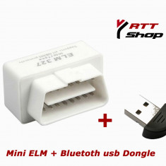 Promo! Mini ELM327 OBD2 Alb Interfata diagnoza universala. Cip PIC18F2080 Microchip. Bluetooth HC-05. Compatibila Android Torque + USB Bluetooth Dongl foto