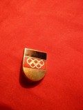 Insigna veche Olimpica RFG, h= 1,6 cm,cu inscriptia fabricantului pe spate,metal