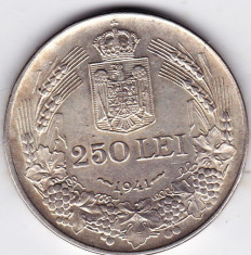 6) 250 lei 1941 argint 12 grame,0.835,NSD,LUCIU MONETARIE,XF/a.UNC foto