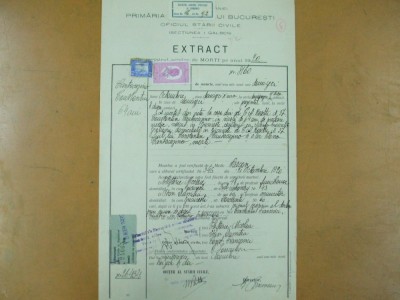 Extract Primaria Bucuresti Sector 1 galben oficiul starii civile deces 1920 foto