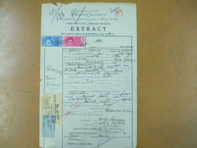 Extract act nastere Primaria sectorului 1 central Bucuresti 1919 + bilete primaria Bucuresti foto
