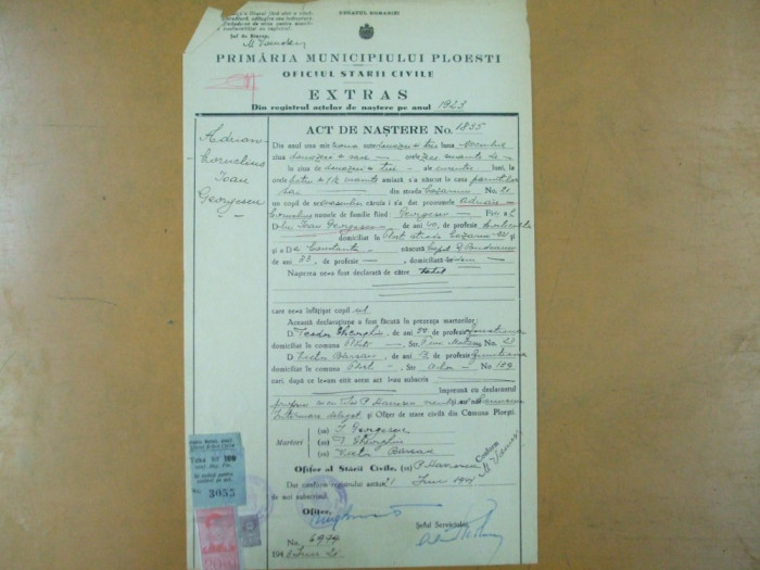 Extras act nastere Primaria Ploesti 1923 + bilet Primaria Ploesti