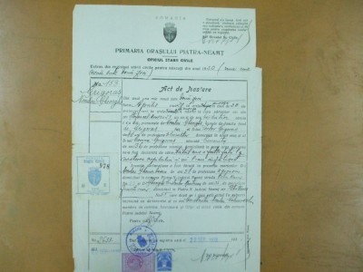 Act de nastere Primaria orasului Piatra Neamt 1920 + bilet taxa eliberare certificat nastere foto