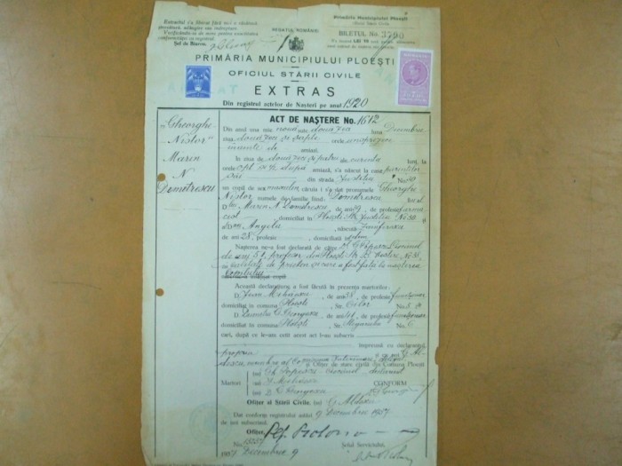 Extras act nastere Primaria Ploesti 1920