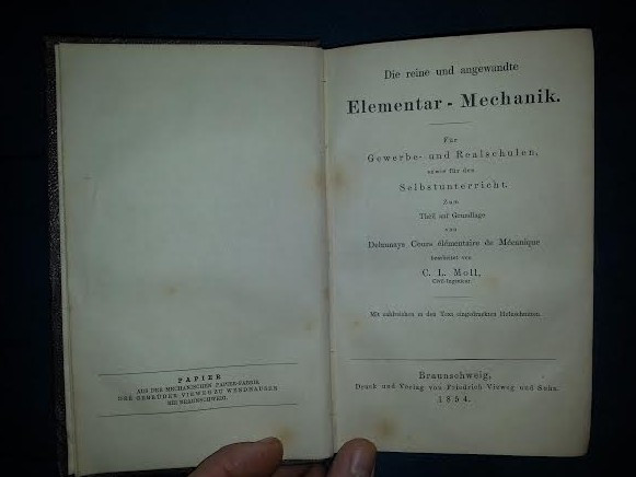 C. L. Moll DIE REINE UND ANGEWNDTE ELEMENTAR-MECHANIK 1854 legata