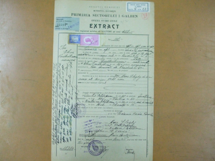 Extract Primaria Bucuresti Sectorul 1 galben 1888 act nastere