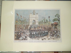 Gravura color Romania intrarea triumfala a armatei romane in Bucuresti 1878 Desen M. Ferdinandus dupa crochiu M. Montoreano foto