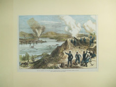 Gravura color Aruncarea in aer a barcii turcesti de razboi a lui Lufti Djelil vazuta de la bateria ruseasca din Braila 1877 - 1878 foto