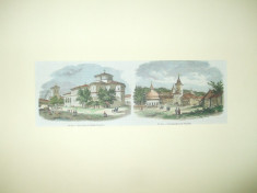Gravura color imagine compusa o biserica si o manastire Valahia 1855 foto