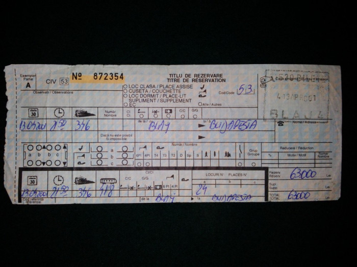 Bilet de tren - TITLU DE REZERVARE BLAJ - BUDAPESTA (APRILIE 2001)