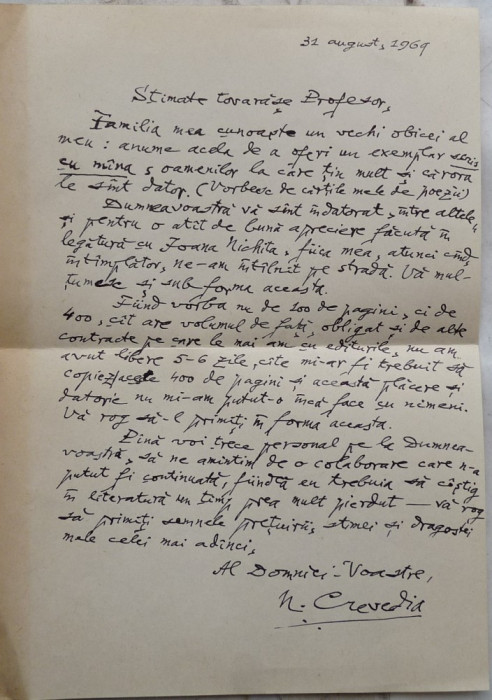 Scrisoare olografa a poetului Nicolae Crevedia , fost membru legionar , 1969