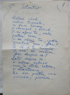 Poezie scrisa si semnata de Emil Botta , poet si actor al Teatrului National foto