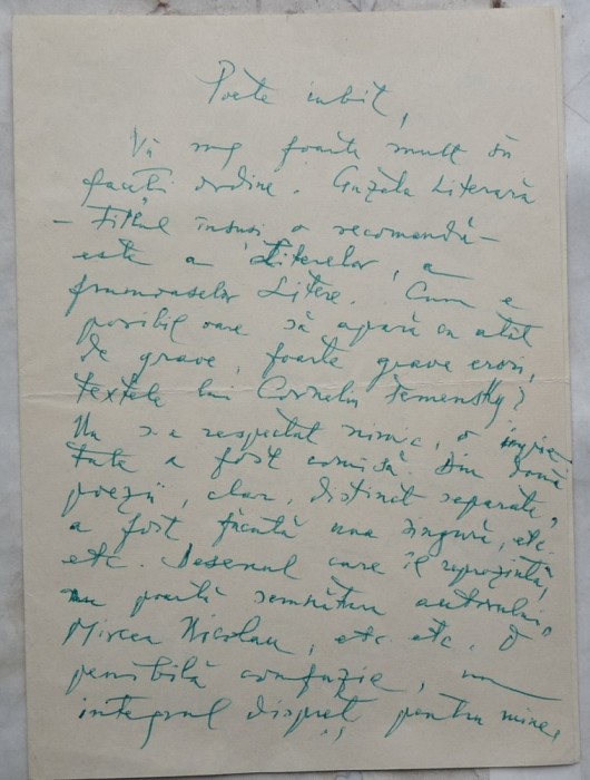 Scrisoare olografa Emil Botta, 1968, poet si actor al Teatrului National