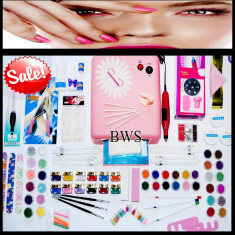 KIT FULL unghii false---strasuri ,tipsuri,gel uv,perimer,cleste,gel colorat,caviar, freza electrica+ Cadou foto