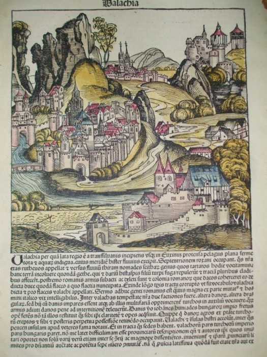 Gravura color Valahia Walachia Hartmann Schedel Nurnberg 1493 foto mare Gravura color Valahia Walachia Hartmann Schedel Nurnberg 1493 foto mare