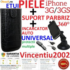 SET pentru Apple iPhone 3G 3GS ____ HUSA PIELE NEAGRA + SUPORT AUTO ( _ rotire 360grade _) + ALIMENTATOR AUTO iPhone UNIVERSAL (protectii) - NOI foto